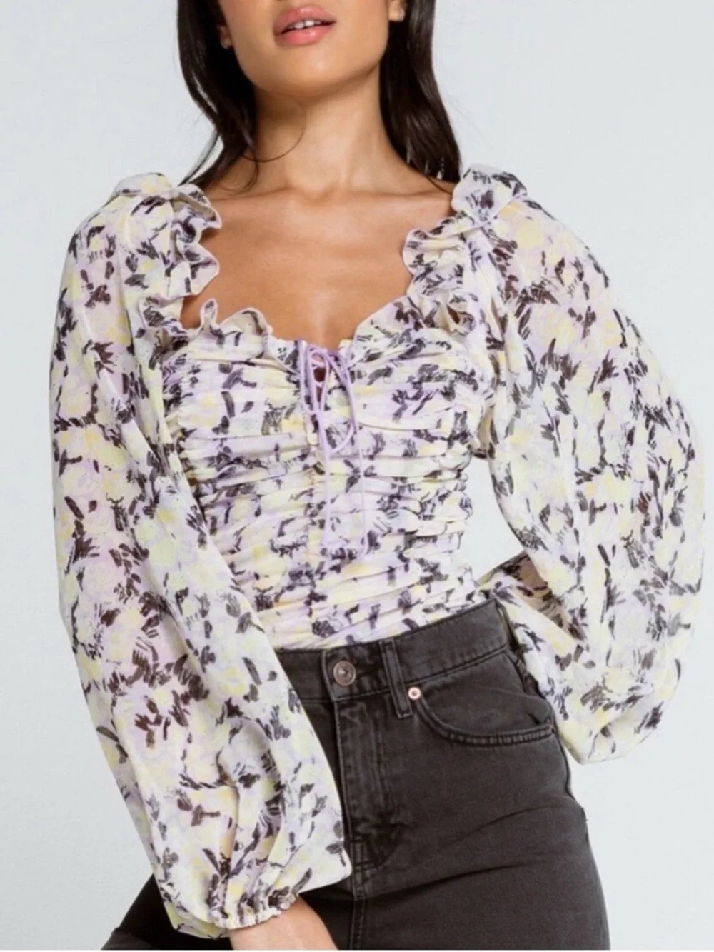Free People | Lavender Floral Ruffle Smocked Puff-Sleeve Top